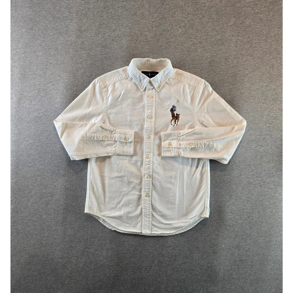 Ralph Lauren Button Down Shirt Boys M 10-12 White Big Pony Oxford Long Sleeve